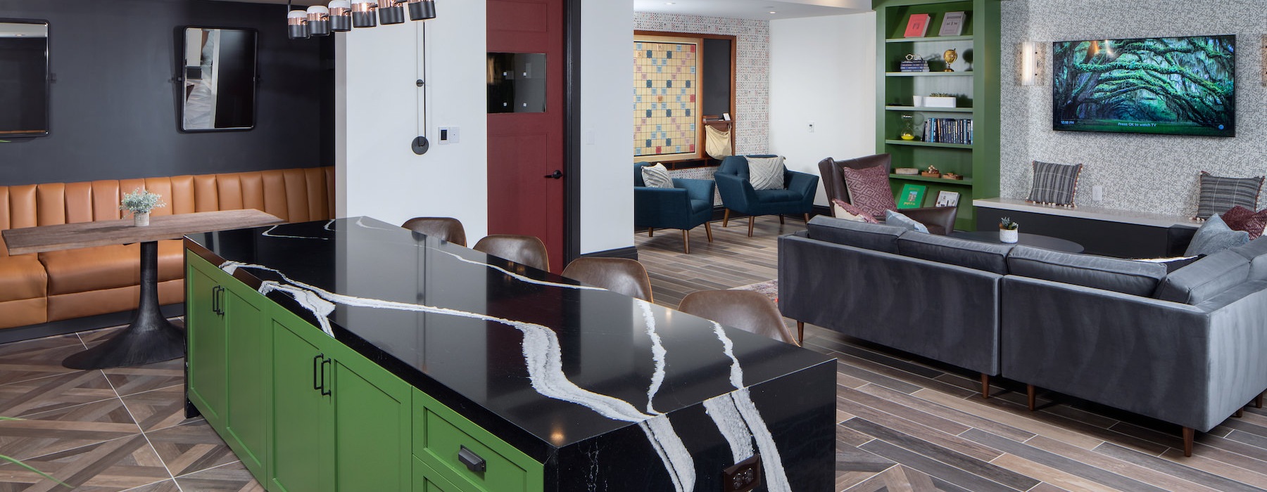 Large well lit lounge with pool table 